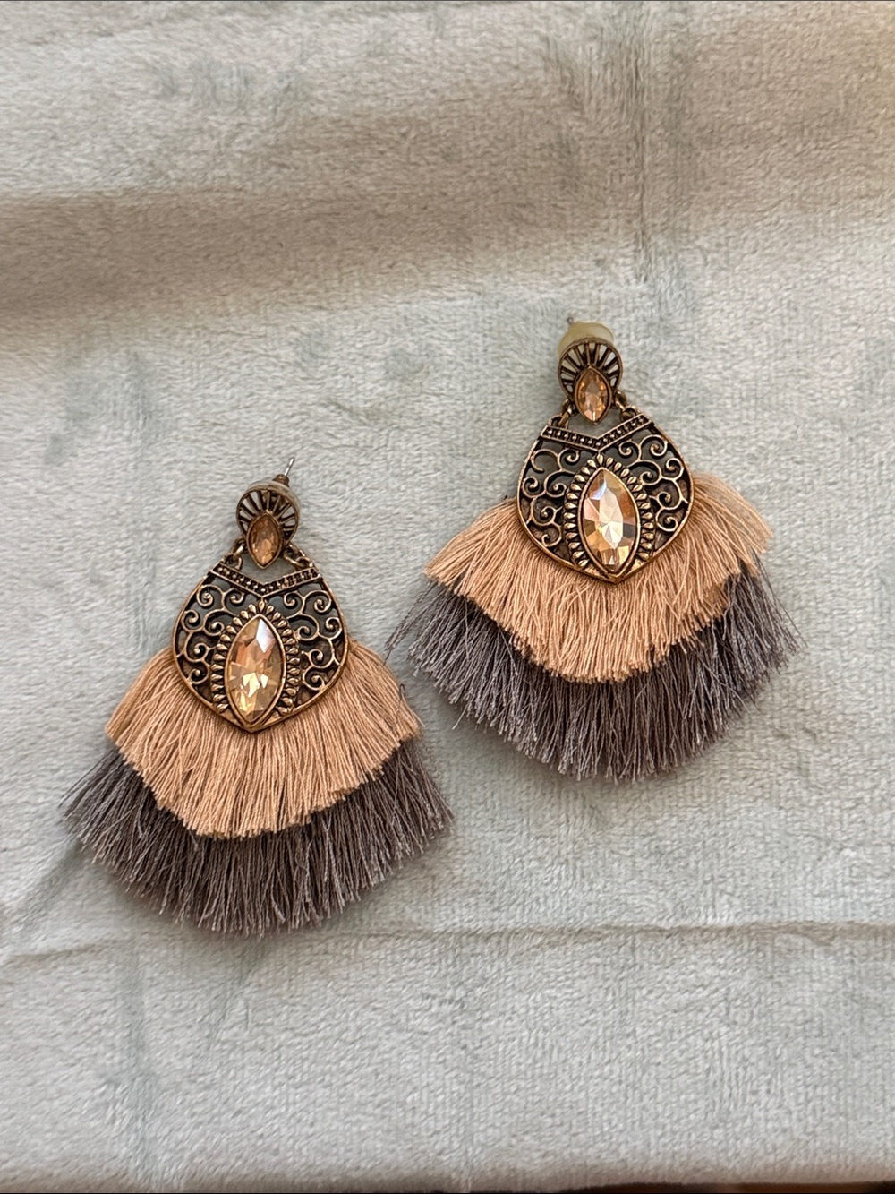 Neutral Fringe Hair Clips with Antique Gold Accents in Beige and Gray
